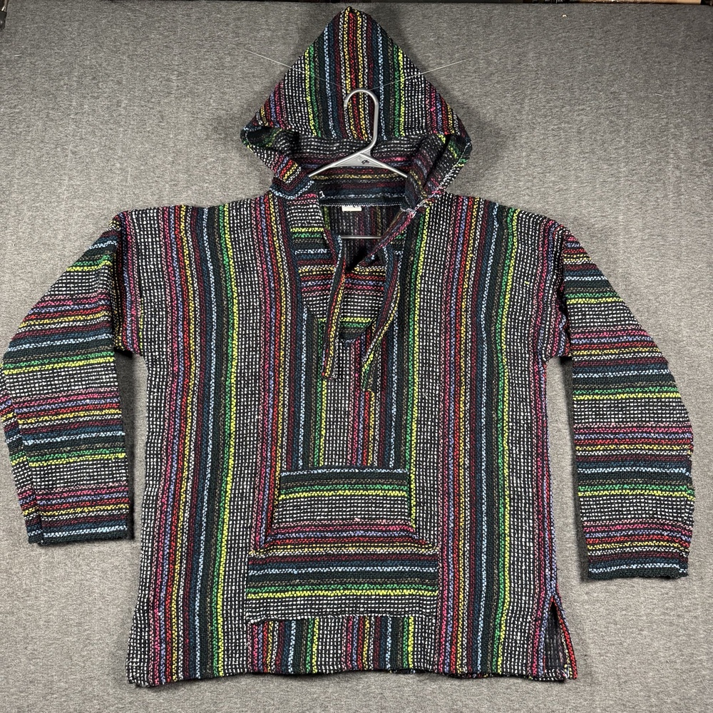 Artesanias Baja Hoodie Mens Large Multicolor Striped Mexican Drug Rug Pullover